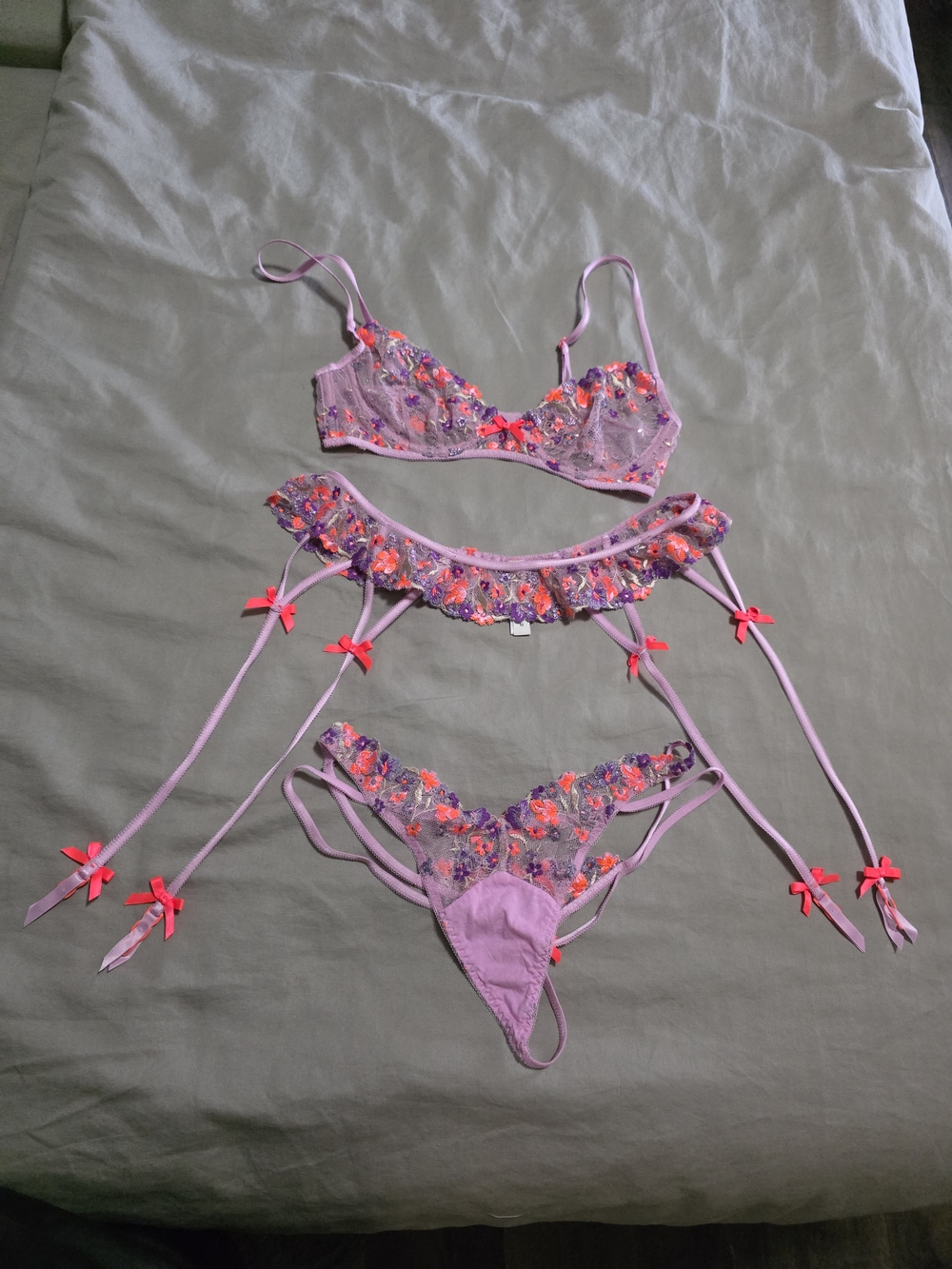 For Love & Lemons Lavender Floral Embroidered Lingerie Set with Neon Accents